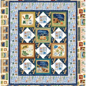 May include: A quilt block design featuring a patchwork of blue, green, and brown squares with a white background. The squares contain images of camping gear, a camper van, and text that says "Let the adventure begin" and "Outdoor Life is the best life".