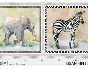 NEW Baby Safari Animals by Clint Eagar, Elephant and Zebra Quilt Panel from P&B Textiles, Quilting Cotton, Free Patterns