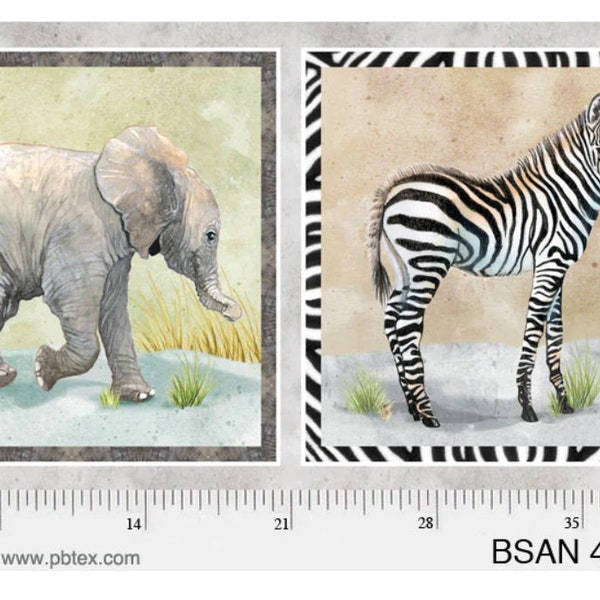 NEW Baby Safari Animals by Clint Eagar, Elephant and Zebra Quilt Panel from P&B Textiles, Quilting Cotton, Free Patterns