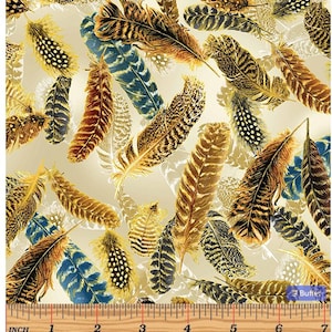 Gilded Feathers Cream By Kanvas Studio For Benartex Cut to Order, Great for Quilting, Metallic
