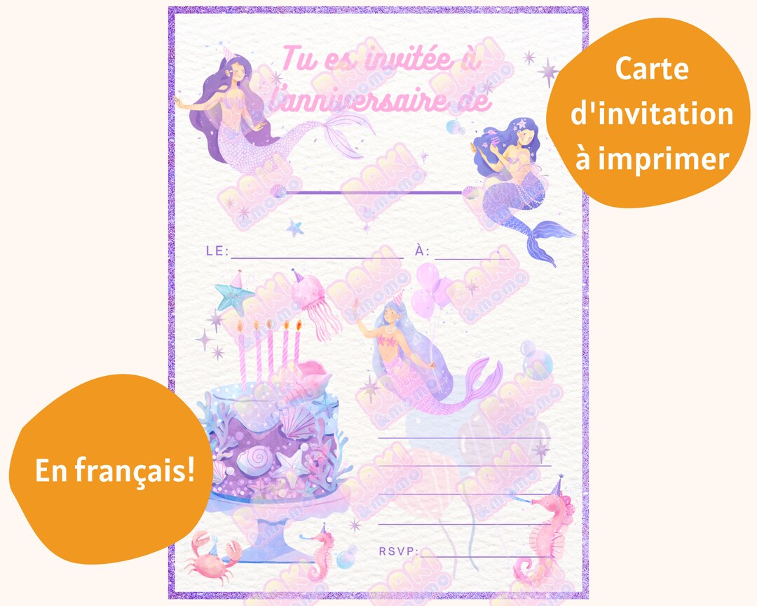 Carte D' Invitation Anniversaire Fille à Imprimer Invitation Anniversaire Sirène En Français Téléchargeable à Imprimer