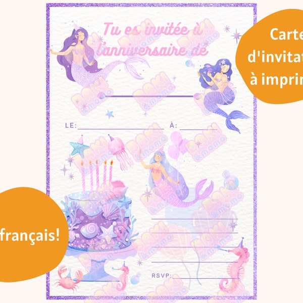 Invitation anniversaire sirène en français téléchargeable à imprimer, fille, violet, mer, coquillage, format A6, carte d'anniversaire