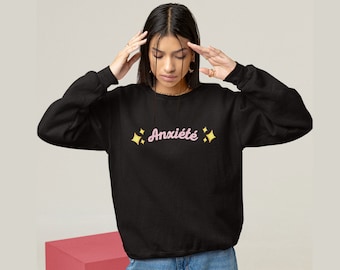 Sweat-shirt Anxiété, Anxiété en Français, emoji étincelant, sweat-shirt aux couleurs confort