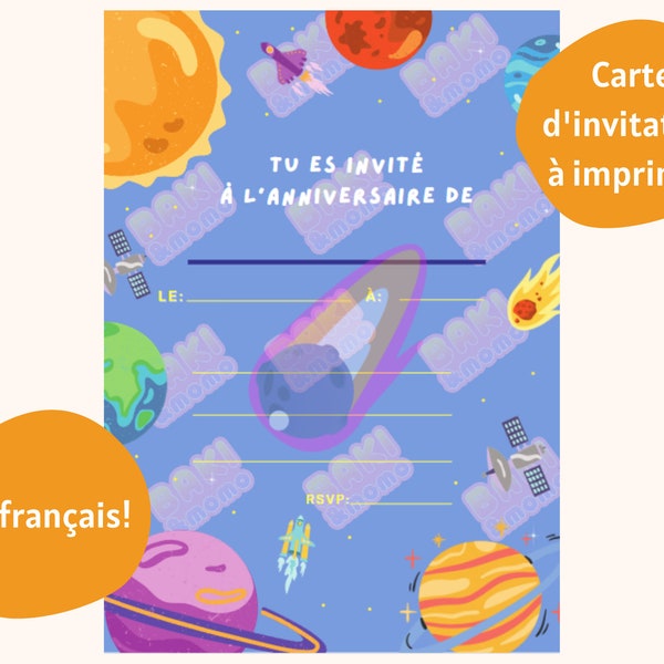 Invitation anniversaire en français téléchargeable à imprimer planètes, bleu, fille, garçon, galaxie, espace, format A6 carte d'anniversaire