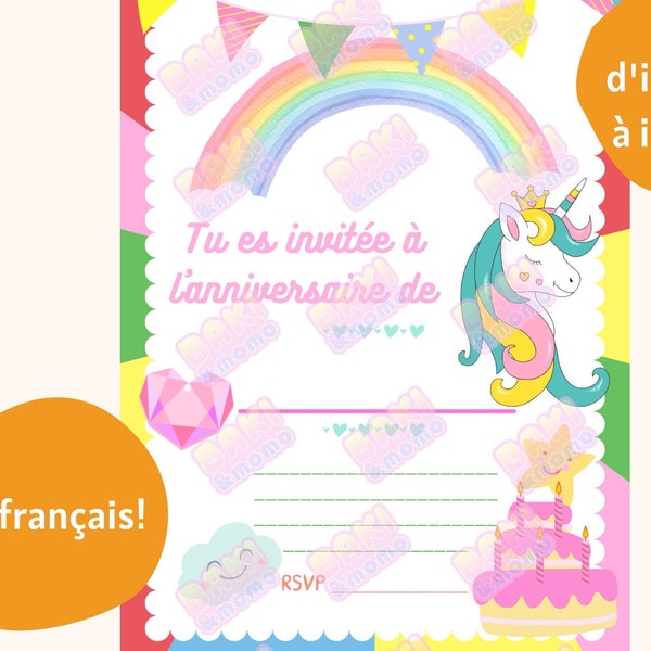Invitation anniversaire en français téléchargeable à imprimer licorne, fille, rose, arc en ciel, format A6 carte d'anniversaire