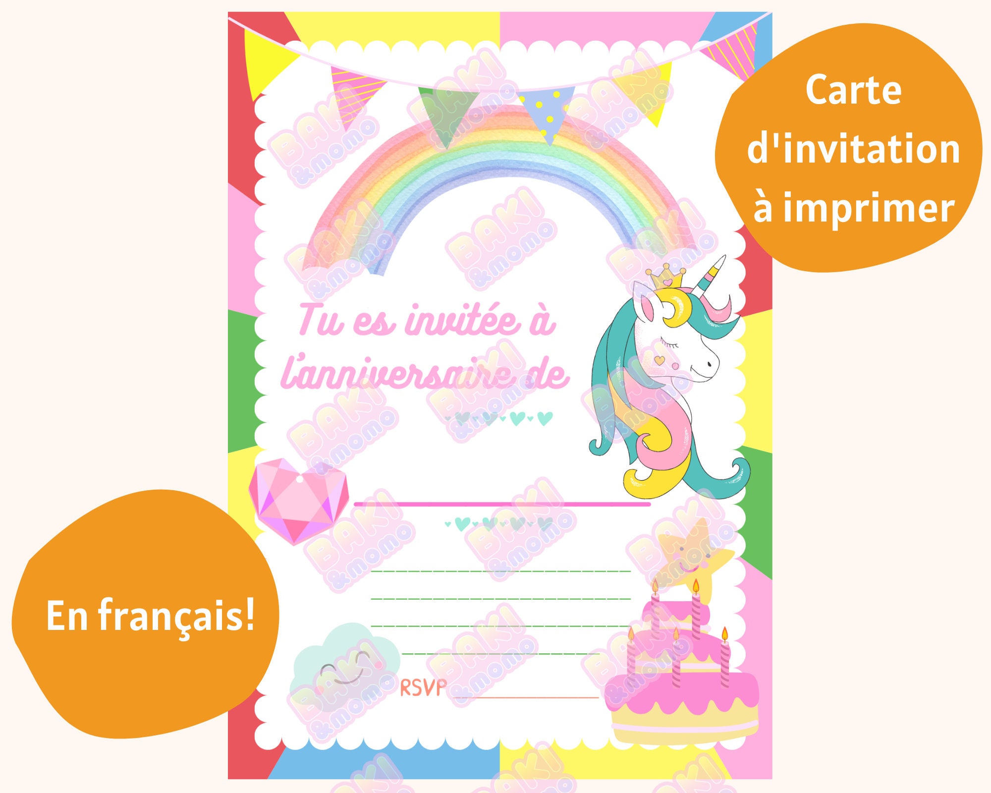 6 Cartes d'invitation Licorne Multicolore REF/001CINV