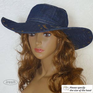 Summer women's hat, Denim hat, Dark blue denim, Wide-brim hat, Denim clothing, Blue hat image 1