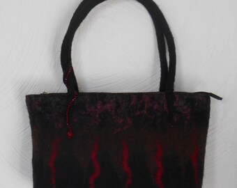 Black felted handbag, Women's textile bag, Black red bag with handles