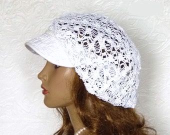 White Newsboy Summer Cap, Women's Lace cap, White Sun Cap, Women's Newsboy Cap, White Lace cap