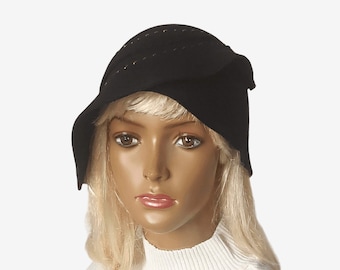 Black Felt Hat for Women, Warm Wool Winter Cloche Hat with Asymmetrical Brim, Elegant Casual Style