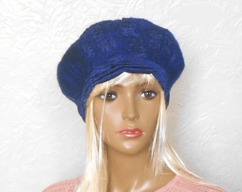 Blue winter beret, Felted wool beret, Women's felted hat, Blue warm hat