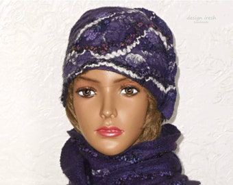 Purple Hat and scarf, Women's Felt scarf, Felt Hat Beanie, Wool scarf, Warm wool hat