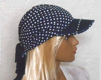 Blaue Mütze, Damen-Bandana mit Schirm, gepunktete Kleidung, Sommer-Kopfbedeckung, marineblaue Mütze