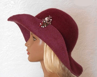 Warm Floppy Hat, Felted Burgundy Hat, Women's Felt Hat, Women's Winter Hats, Red Folding Hat