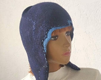 Felted Trapper hat, Blue Felt Hat, Women's Wool Hat, Hat With Ear Flaps, Winter Hat Merino Wool