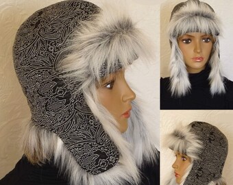 Women's Trapper hat, Gray warm hat, Faux fur hat, Women's winter hat, White fur hat