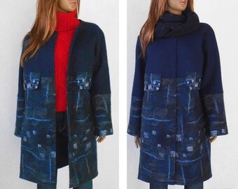 Women's Woolen coat, Blue Felt coat, Loose coat, Women's Felted coat, Navy coat, Cocoon Coat, Felted clothing