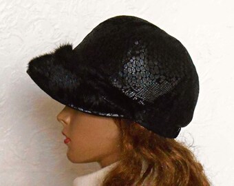 Black cap, Women's cap, Fur hat, warm winter hat, fur hat, Black winter hat, Black baseball cap