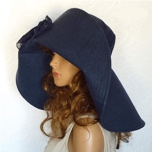 Wide Brim Hat, Blue Summer Hat, Women's Linen Beach Hat, Navy Summer Hat, Very wide brims