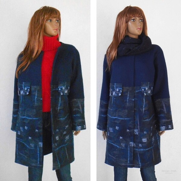 Women's Woolen coat, Blue Felt coat, Loose coat, Women's Felted coat, Navy coat, Cocoon Coat, Felted clothing