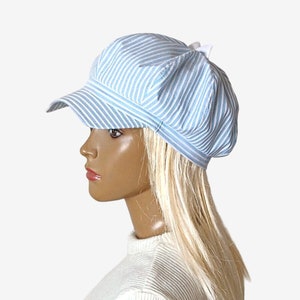 Women Newsboy Cap, Hat Bow, Summer White Blue Hat Striped, White Cotton Cap, Fashionable Cap White Bow