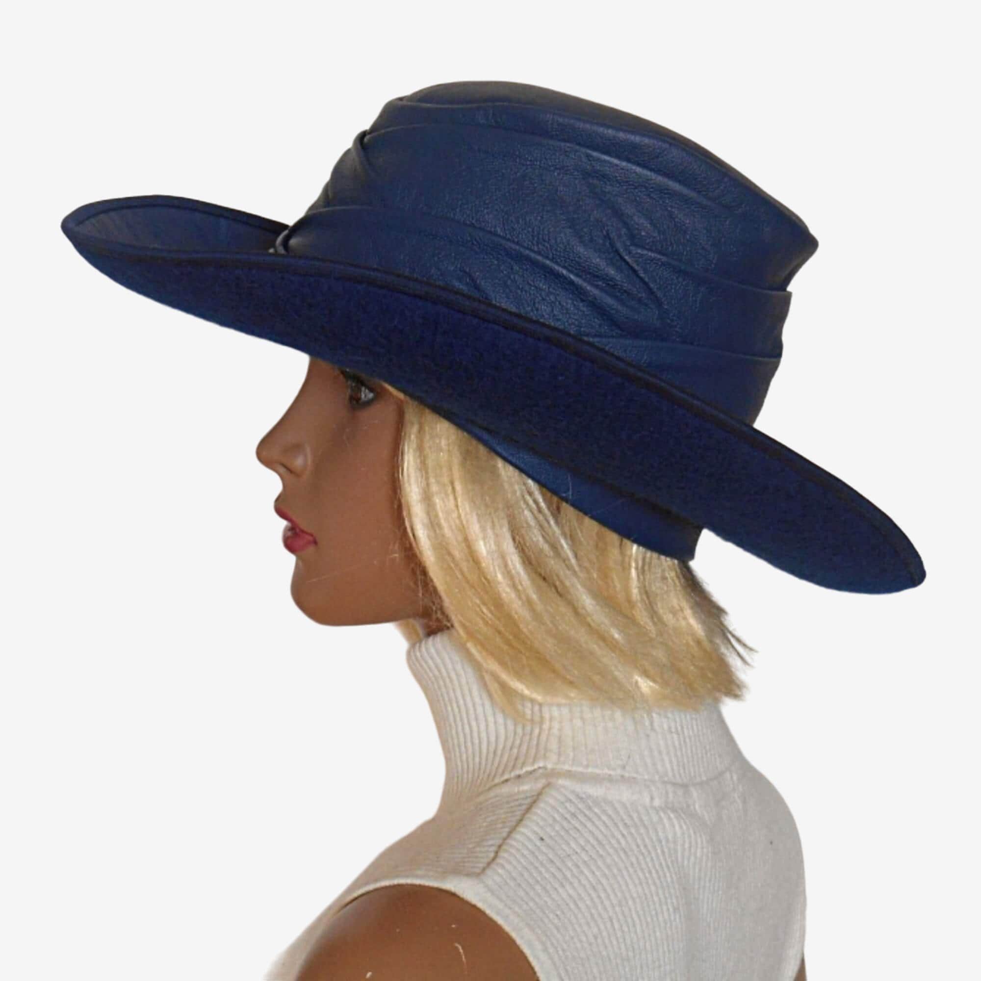 Women's Genuine Leather Cowboy Hat - Dark Blue Draped Winter Hat