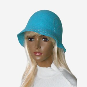 Custom Turquoise wool felt cloche hat Bright Turquoise Wool Felted Cloche Hat: Wide Brim Coral  main image 2
