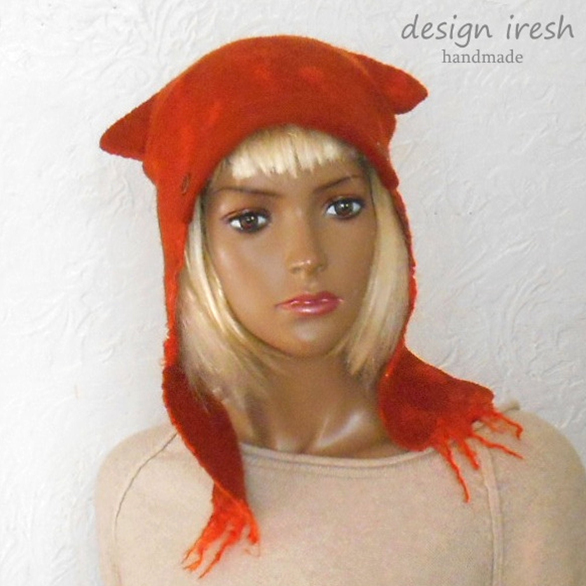 Orange Trapper Hat Woolen Felted 