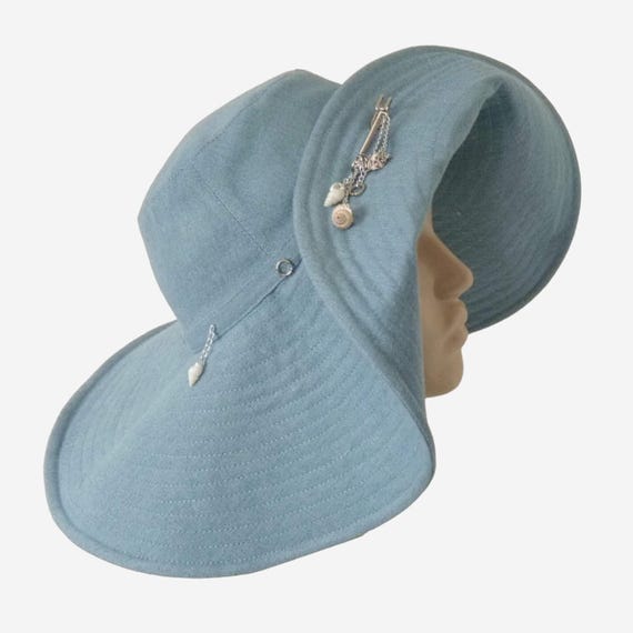 Light Blue Denim Wide Brim Summer Hat Adorned With Seashells 