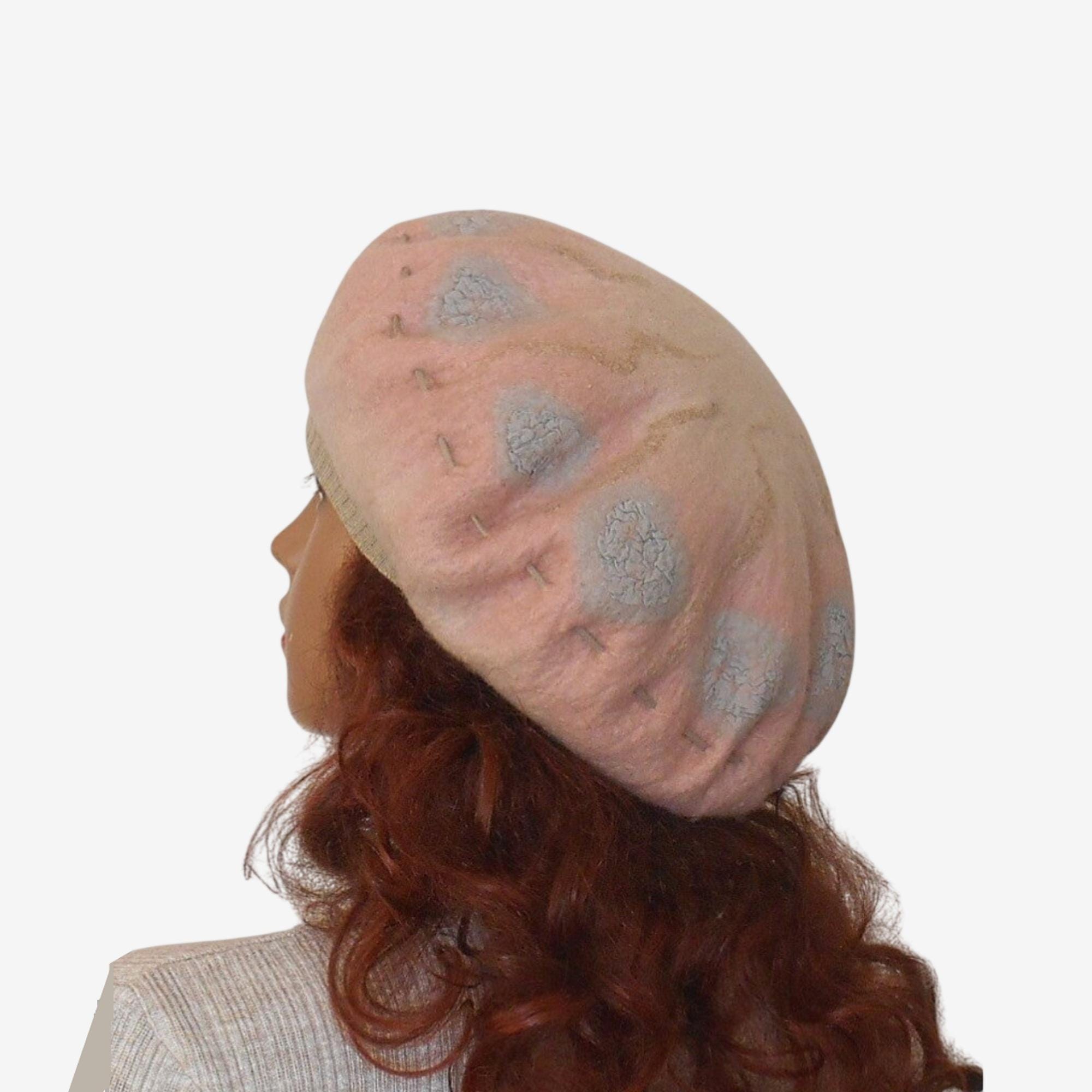 Pink Slouchy Beret, Felted Merino Wool Hat, Women