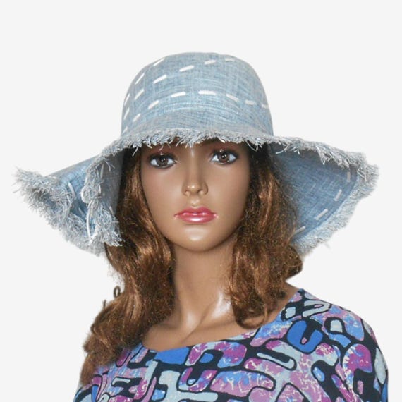 Summer Fringe Hat, Blue Wide Brim Beach Hat, Women Boho  display picture 3