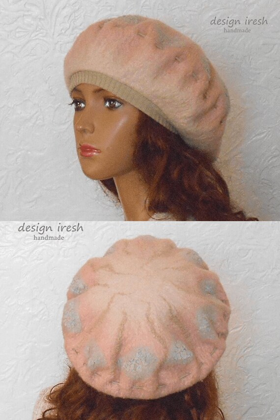 Pink Slouchy Beret, Felted Merino Wool Hat, Women display picture 1