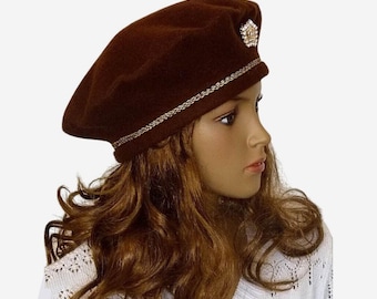 Wool Blend, Camel, Brown, Plaid, Beret, Hat, Bee Applique  display picture 1
