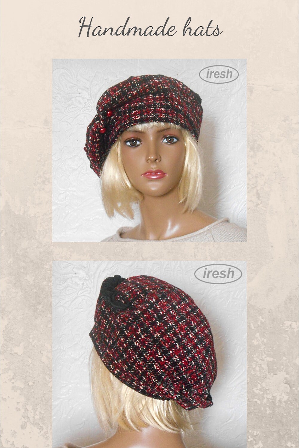Red Hat Women's Beret Winter Beret Checkered Hat Red Etsy
