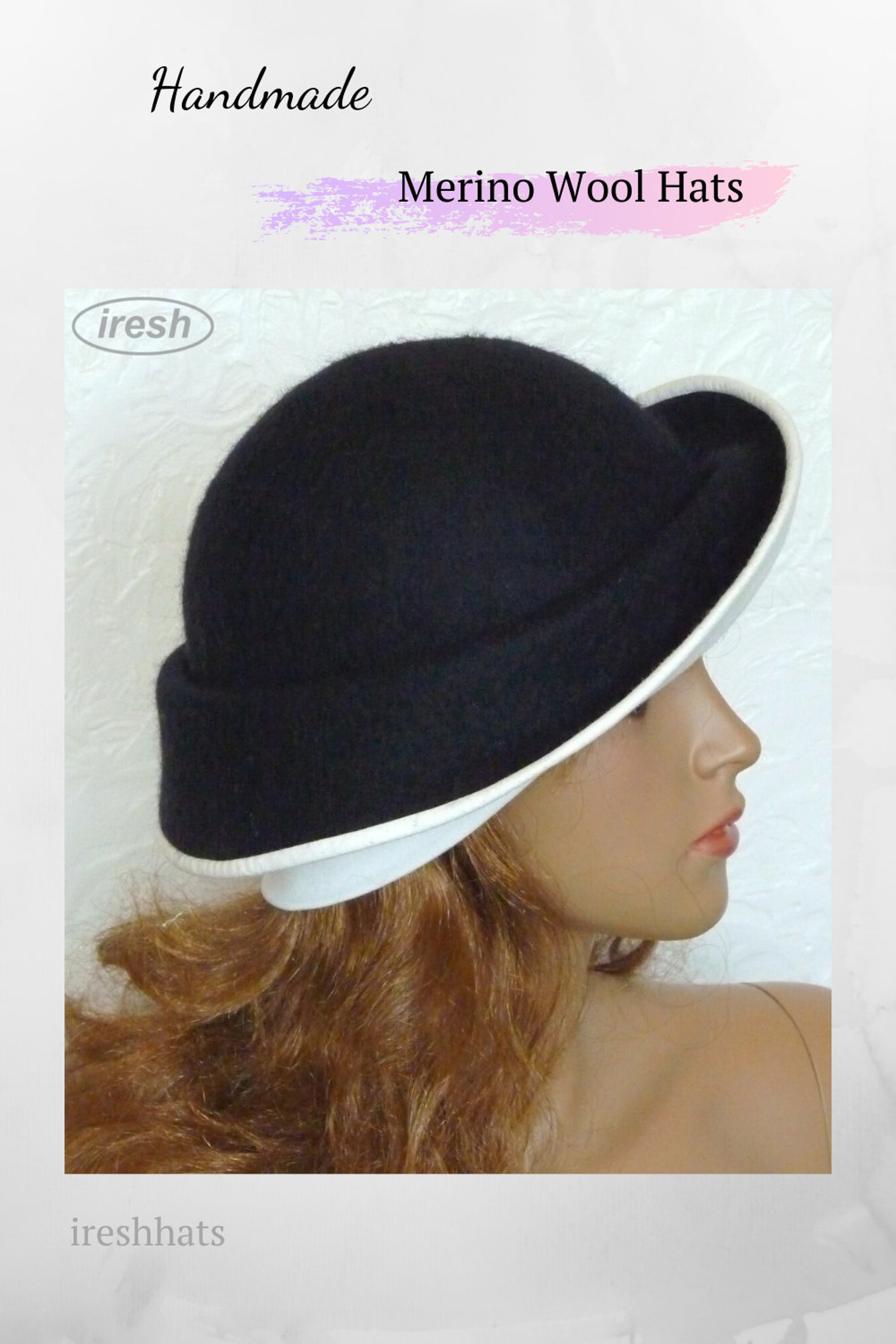 Black Hat Women's Felted Hat White Winter Hat Warm Etsy