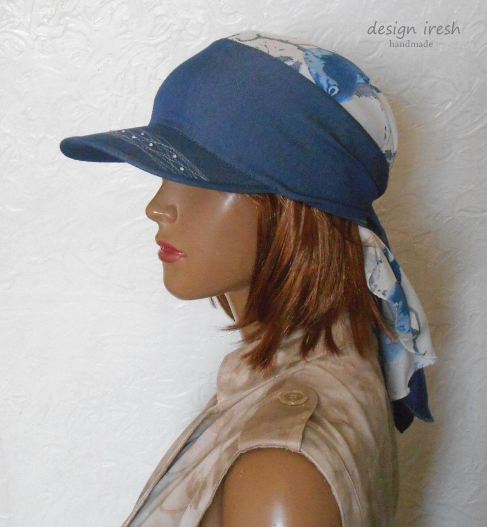 Women's Summer Head Cover, Blue Bandana With Visor, Denim Cap, Cotton