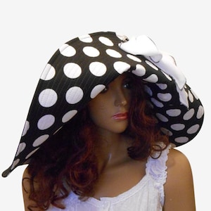 Wide Brim Linen Hat for Women, Black and White Polka Dot Beach Hat, Travel Sun Hat