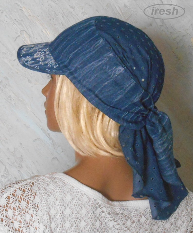 Denim sun visor Blue Head scarf with visor Blue bandana hat Etsy