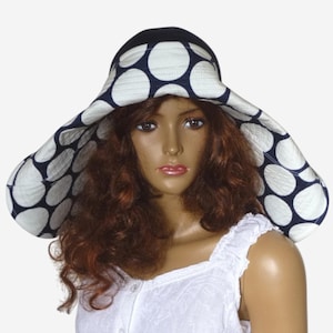 Navy Blue Wide Brim Hat, White Blue Polka Dot Hat, Women Dark Blue Linen Beach Hat