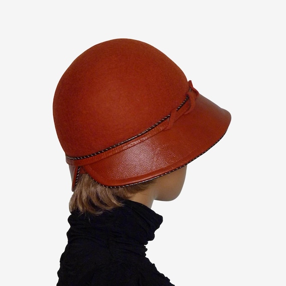 Terracotta Wool Felted Cloche Hat With Leather Brim - Etsy  display picture 2
