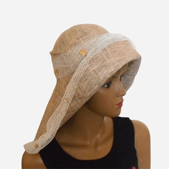 Womens Beige Linen Beach Hat, Wide Asymmetrical Brim, Lace 