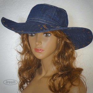 Summer women's hat, Denim hat, Dark blue denim, Wide-brim hat, Denim clothing, Blue hat image 8