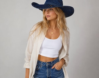 Dark Blue Denim Hat for Women, Wide Brim Summer Hat