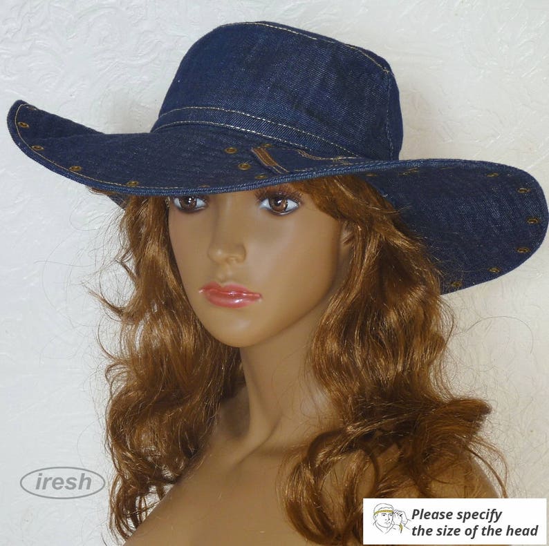 Summer women's hat, Denim hat, Dark blue denim, Wide-brim hat, Denim clothing, Blue hat image 1
