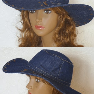 Summer women's hat, Denim hat, Dark blue denim, Wide-brim hat, Denim clothing, Blue hat image 9