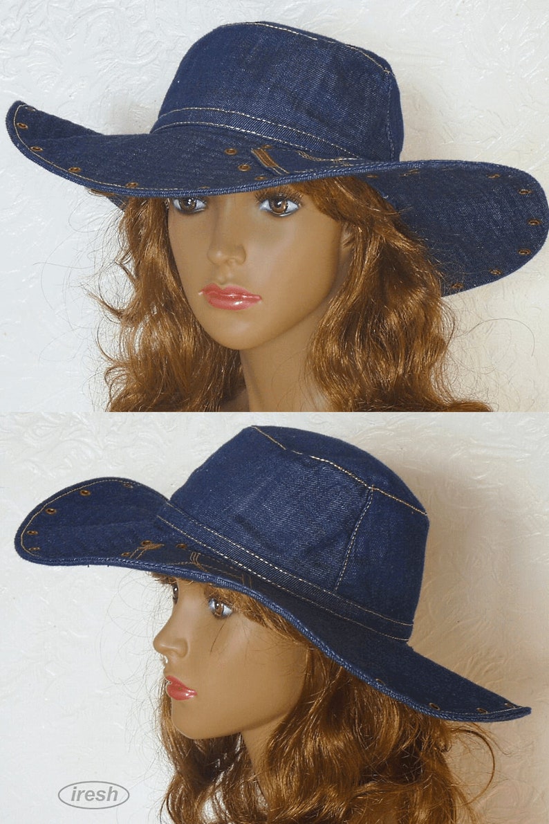 Summer women's hat, Denim hat, Dark blue denim, Wide-brim hat, Denim clothing, Blue hat image 9