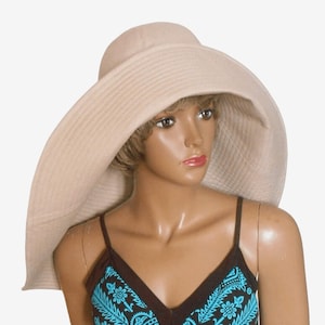 Breiter Krempe Sonnenhut, Frauen Beige Leinen Hut, Extra große Krempe Strandhut