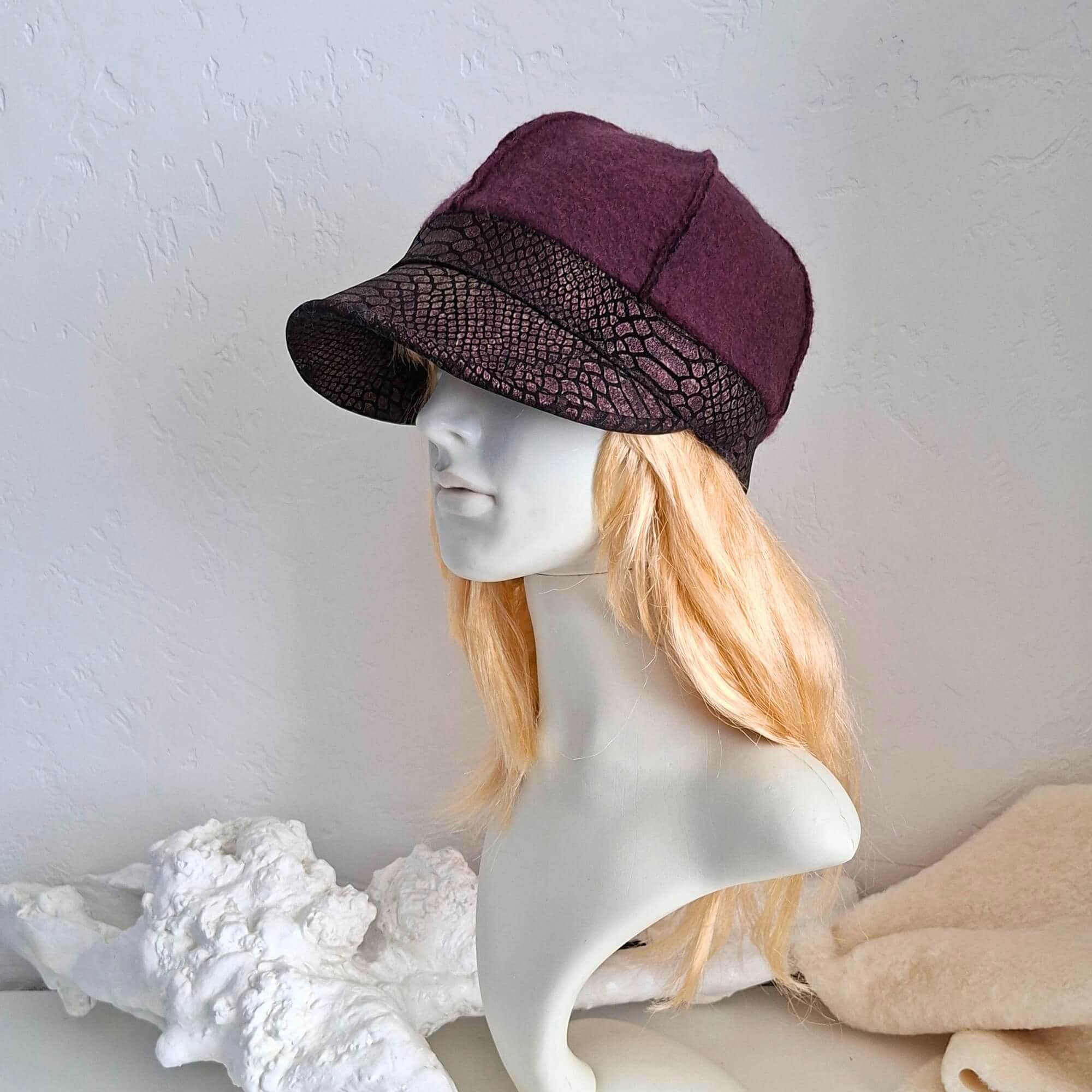 Dark Purple Merino Wool Cap for Women, Handmade Felted Wool Hat, Warm Winter Cap with Snake Pattern Visor