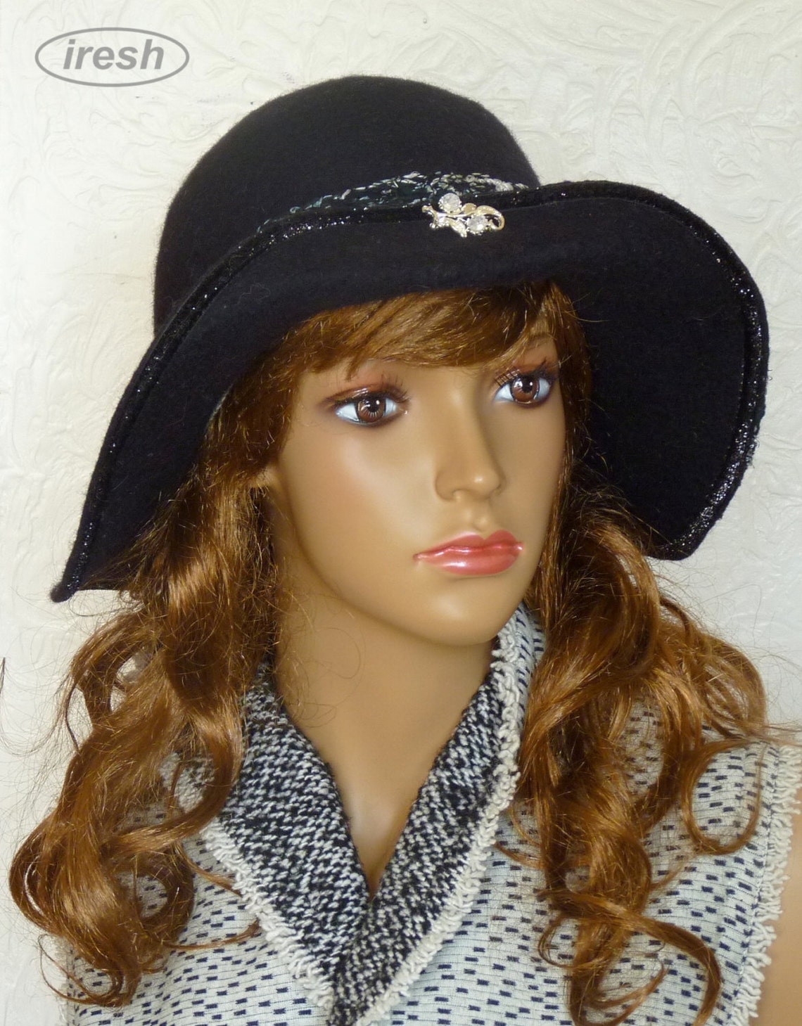 Black Hat Women's Brimmed Hat Black Floppy Hat Woolen Etsy