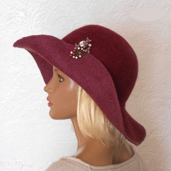 Warm Floppy Hat, Felted Burgundy Hat, Women's Felt Hat, Women's
